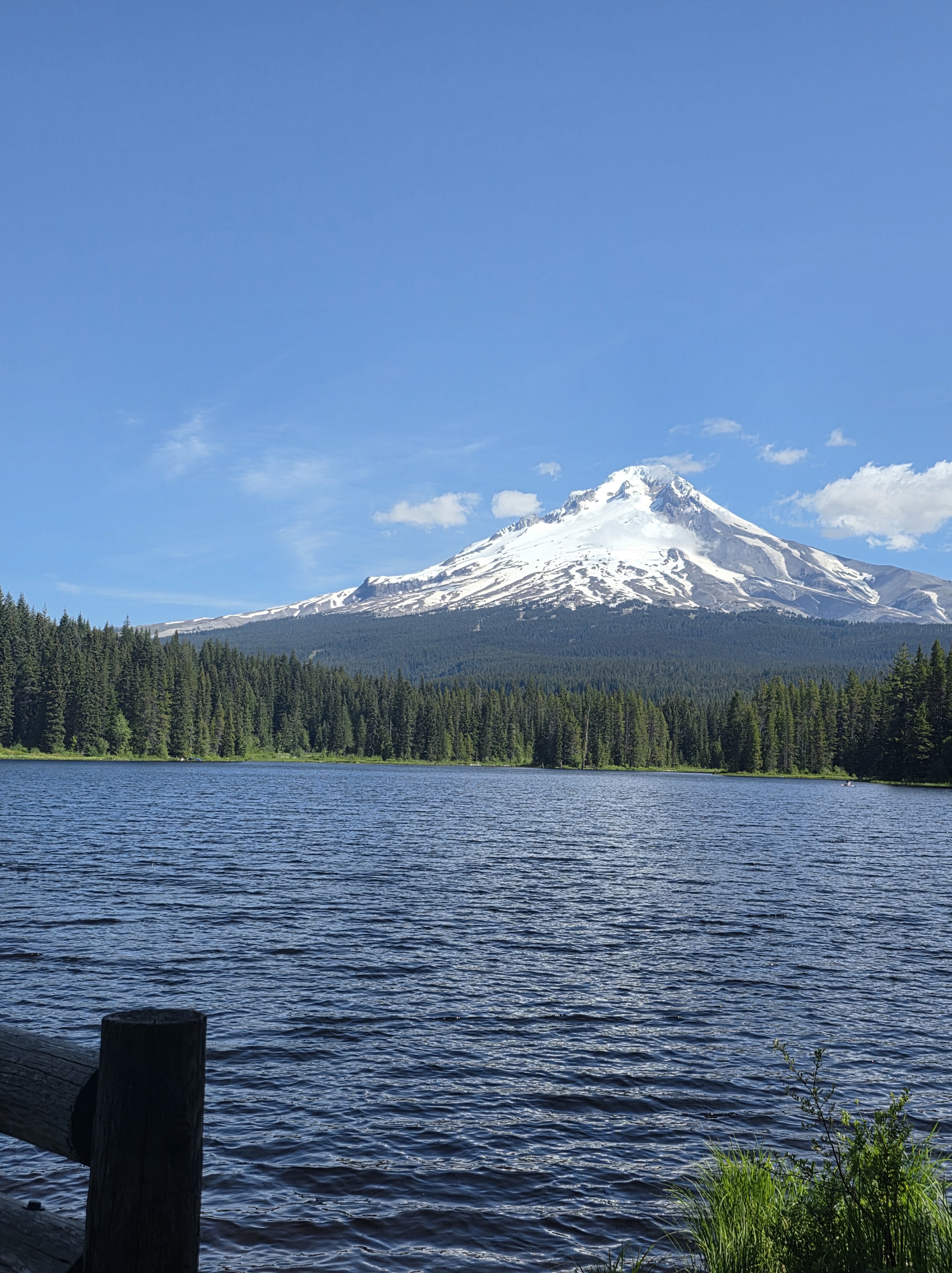 Trillium Lake Oregon with snow-capped Mt. Hood rising above a dense evergreen forest perfectly reflected in the calm blue water on a sunny day