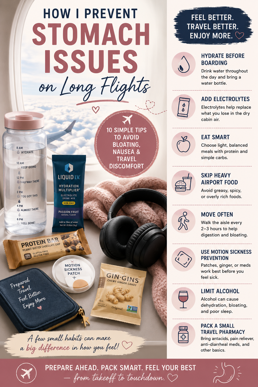 How I prevent stomach issues on long flights — 10 simple tips infographic