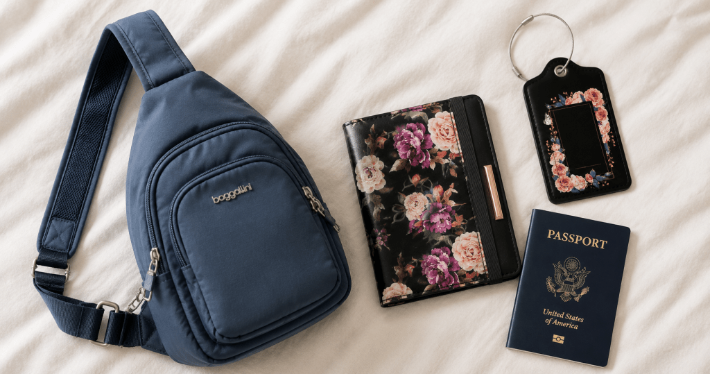 Baggallini anti-theft sling bag, floral RFID passport holder, luggage tag, and US passport laid out on a bed